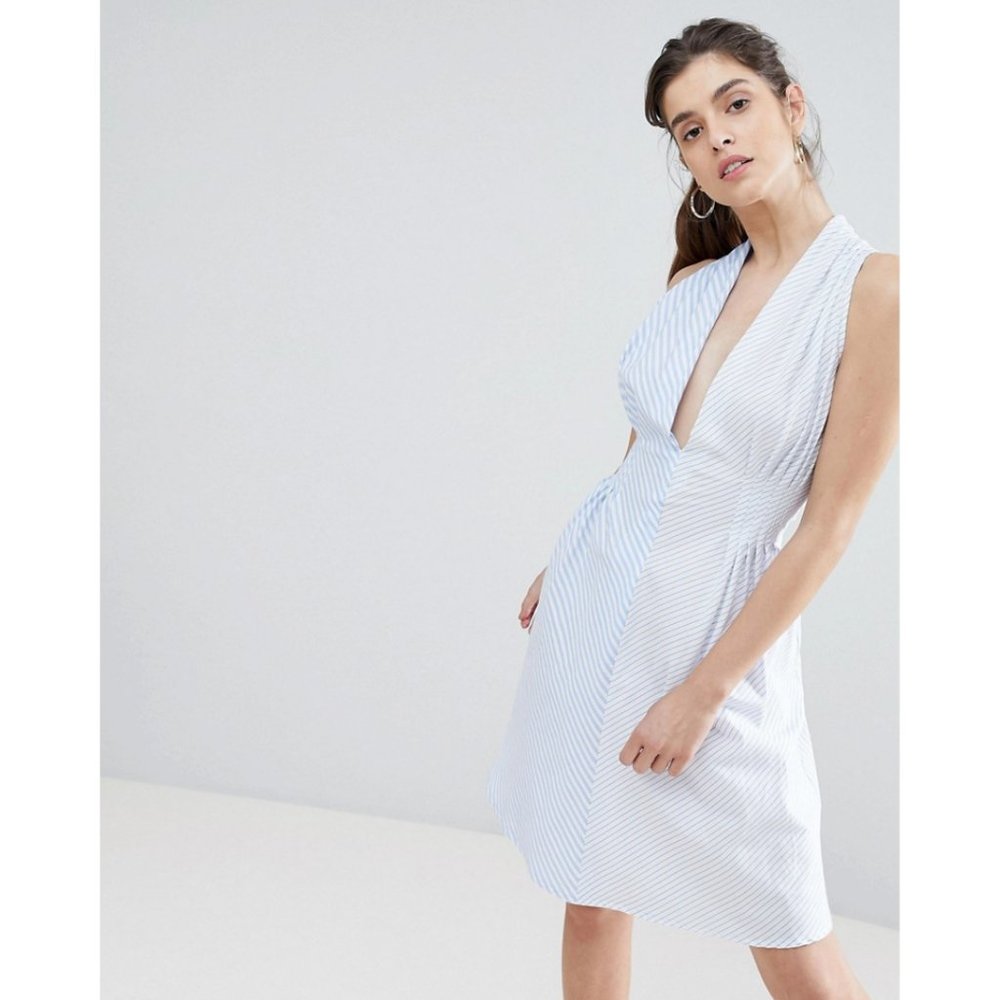 Asos Boohoo Asymmetric Spliced Striped Cotton Dress